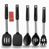 Silicone Spatula And Cooking Spoon,5 Pack Non-Stick Cooking Utensils For Kitchen，Heat Resistant Solid & Slotted Spoons And Spatulas, Stainless Steel Handle Coated With Silicone,Black