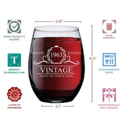 60th Birthday Gifts For Women Men - 1963 Vintage Style Stemless Wine Glass - Birthday Glasses Drinking Gifts - 60th Birthday Decorations For Women - Retirement Gifts For 60 Year Old Woman Man - 15 Oz -KitchenAid Shop 418iVwWXAUL