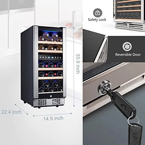 15 Inch Wine Fridge With Digital Memory Temperature Control, Dual Zone 30 Bottle Wine Cooler Refrigerator With Upgraded Compressor Fits Large Bottles Low Noise Tempered Glass Door Safety Lock 8 15 Inch Wine Fridge With Digital Memory Temperature Control, Dual Zone 30 Bottle Wine Cooler Refrigerator With Upgraded Compressor Fits Large Bottles Low Noise Tempered Glass Door Safety Lock - Image 6