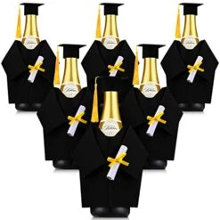 6 Pieces Graduation Wine Coat Bottle Covers Sets, Felt Graduation Gown And Bottle Toppers Doctoral Cap With Tassels Suit For Wine Or Champagne Bottle, Wine Gift Bags For Graduation Party Decor (Black)