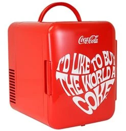 Coca-Cola World 1971 Series Portable 6 Can Thermoelectric Mini Fridge Cooler/Warmer, 4 L/4.2 Quarts Capacity, 12V DC/110V AC For Home, Dorm, Car, Boat, Beverages, Snacks, Skincare, Cosmetics, Medication