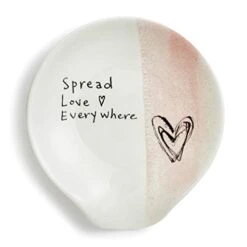 Spread Love Everywhere Heart Pink Stripe 4.5 X 4 Glossy White Ceramic Stoneware Kitchen Spoon Rest