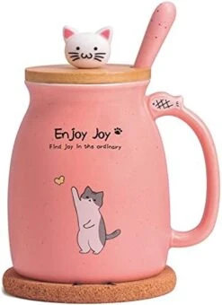 Cute Cat Cup Ceramic Coffee Mug With Kawaii Cat Wooden Lid, Lovely Stainless Steel Spoon, Anime Kitty Thicken Wooden Coaster, Christmas Birthday Gift Cute Thing Japanese Mug 16oz (Pink) -KitchenAid Shop 41C3NqCbJfS. AC