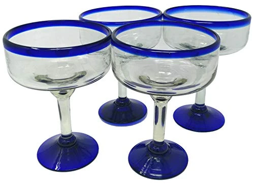 Mexican Hand Blown Glass - Set Of 4 Hand Blown Margarita Glasses - Cobalt Blue Rim (16 Oz) 3 Mexican Hand Blown Glass - Set Of 4 Hand Blown Margarita Glasses - Cobalt Blue Rim (16 Oz)