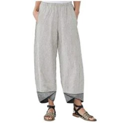 Kingspinner Capri Pants For Women Plus Size Women's Linen Cropped Pants Casual Elastic Waist Trousers