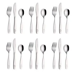Exzact Children's Flatware Kids Silverware 18pcs/Toddler Utensils - 6 X Forks, 6 X Safe Dinner Knives, 6 X Dinner Spoons - Engraved Dog Cat Bunny