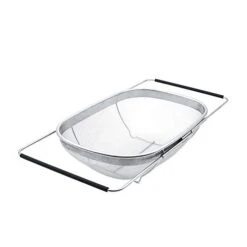 Over The Sink Colander Strainer Basket With Rubber Grip, 6 Quart Stainless Steel Vegtable Fruit Colanders Strainers With Steady Base, Expandable Metal Strainer For Kitchen Sink