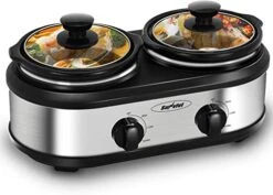 Dual Pot Slow Cooker, 2 Pot Small Mini Crock Buffet Server And Warmer, Double Pot Buffet Food Warmer Adjustable Temp Lid Rests Stainless Steel, Total 2.5 Quarts
