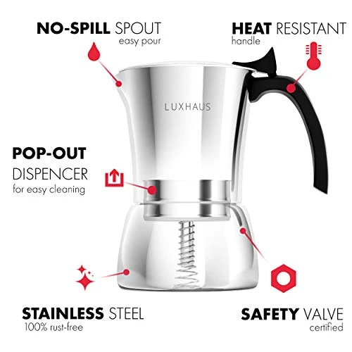 Moka Pot - 6 Cup Stovetop Espresso Maker - 100% Stainless Steel Italian And Cuban Mocha Coffee Maker 4 Moka Pot - 6 Cup Stovetop Espresso Maker - 100% Stainless Steel Italian And Cuban Mocha Coffee Maker - Image 2