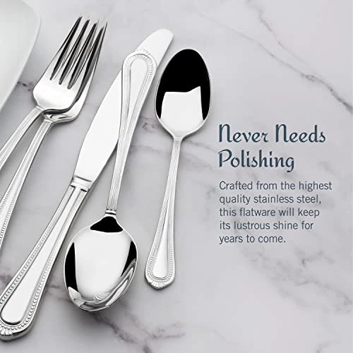 MIKASA Regent Bead 65 Piece Silverware Set, 18.10 Polished Mirror Stainless Steel, Service For 12 With Serving Set 6 MIKASA Regent Bead 65 Piece Silverware Set, 18.10 Polished Mirror Stainless Steel, Service For 12 With Serving Set - Image 4