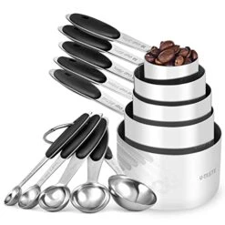 Measuring Cups And Spoons Set: U-Taste 18/8 Stainless Steel 10 Pieces Metal Stacking Kitchen Baking Cooking Food Measure Set 5 Cups 5 Spoons With Strengthened Weld Joints (Black, Upgraded Version)