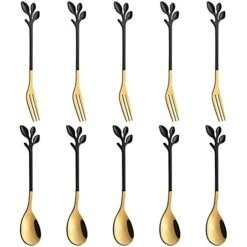 Black Swan Base Holder With 5-Pieces 4.7-inch Small Coffee Spoons And 5-Pieces Dessert Fork,Leaf Handle Set (Black & Gold) -KitchenAid Shop 41GZR13I8AL