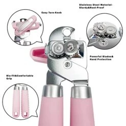 Manual Can Opener, Handheld Tin Opener Cork Screw, Easy Turn Knob, Built In Bottle Opener, Hangs For Convenient Kitchen Storage, Easily Open Tin Cans, 2 Silicone Lid Cover For Can, Pink -KitchenAid Shop 41GrJwStJJL