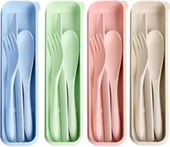 Eusable Utensil Set With Case,Travel Utensil,Wheat Straw Silverware Including Knife Spoon Fork 4 Sets For Travel Picnic Camping Or Daily Use(Green,Beige,Pink,Blue)