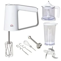 HOMCOM 5-in-1 Electric Hand Mixer, Handheld Mixer With Measuring Cup, 300W Immersion Blender With 5+1P Speeds, Dough Hooks, Chopper, Whisk And Mixers For Meat, Fruit, Mashed Potato And Milkshake