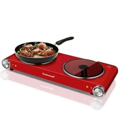 1800W Electric Hot Plate, Countertop Stove Double Burner For Cooking, Infrared Ceramic Hot Plates Double Cooktop, Red, Brushed Stainless Steel Upgraded Version