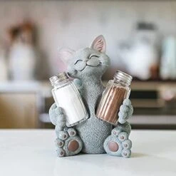 Whimsical Grey Cat Salt & Pepper Shaker Holder Figurine Decorative Collectible - Happy Cat Collection - Cat Lover Gifts For Women, Cat Lover Gifts For Men, Kitchen Table Decor, Cute Cat Gifts