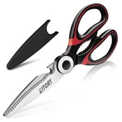 ITORY Kitchen Shears Multi-Purpose Kitchen Scissors Ultra Sharp Heavy Duty Sissors With Sheath For Poultry/Chicken/Fish/Meat/Veggies/Office/BBQ Nut Cracker Bottle Opener - Red&Black