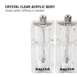 Salter 7605 CLXR Salt & Pepper Mini Grinder Set - Refillable Mills, For Travel, Camping, Caravans, Twist To Grind, 14 G Salt Crystals/7g Peppercorns, Square Design, Adjust Fine To Coarse, 9.7cm, Clear -KitchenAid Shop 41IedM1XYjL