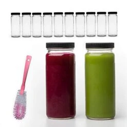 16 OZ Glass Bottles With Caps, 10 Juice Bottles Smoothie Cup Containers Plastic Black Lids