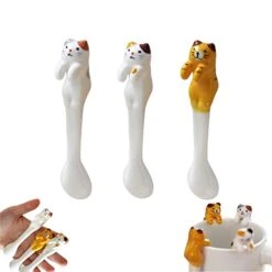 - 3pcs Cute Cat Ceramic Hangable Spoon, Mini Short Handle Creative Kitten Spoon, Kitchen Gadget Flatware Tableware Drinking Tools For Coffee & Tea