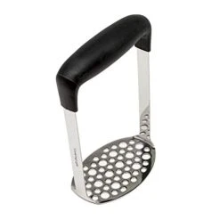 Heavy Duty Stainless Steel Masher, Broad And Ergonomic Horizontal, Fine Plate For Smooth Mashed Potatoes, Soft Grip And Non-Slip Handle, Stainless, Black