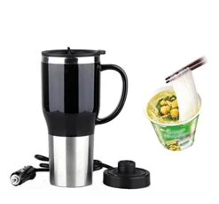 Hot Water Heater Mug For Car - Car Electric Kettle Heated Stainless Steel Portable Cigarette Lighter Heating Cup Coffee Cup With Charger For Outdoor Students 12 Volt 450ML 50W, CA107 Black