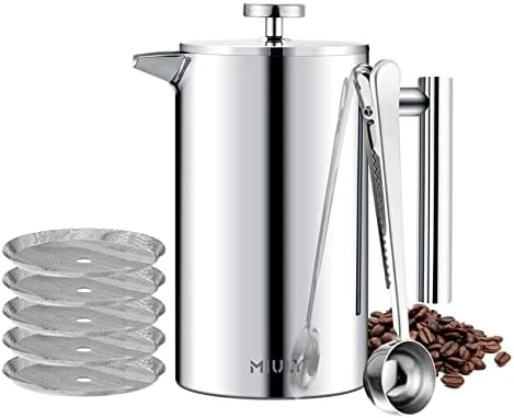 French Press 34oz, Double Insulated 304 Stainless Steel Coffee Press,Stainless Steel French Press With 5 Extra Fliters And 3 Additional Coffee Set(34oz, Sliver) 11 French Press 34oz, Double Insulated 304 Stainless Steel Coffee Press,Stainless Steel French Press With 5 Extra Fliters And 3 Additional Coffee Set(34oz, Sliver) - Image 9