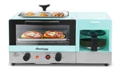 Americana 2 Slice, 9.5" Griddle With Glass Lid 3-in-1 Breakfast Center Station, 4-Cup Coffeemaker, Toaster Oven With 15-Min Timer, Heat Selector Mode, Blue, (EBK8810BL)
