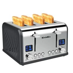 Toaster 4 Slice, Bagel Stainless Toaster With LCD Timer, Extra Wide Slots, Dual Screen, Removal Crumb Tray (Gray)