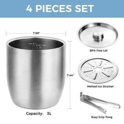 3L Large Vacuum Insulated Ice Bucket With Lid & Tong Stainless Steel Champagne Buckets For Cocktail Bar, Parties & Outdoor