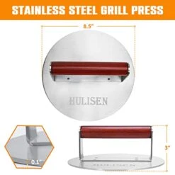 HULISEN Stainless Steel Bacon Press, 8.5-Inch Round Heavy-Duty Grill Press With Wood Handle, Non Stick Large Burger Press, Griddle BBQ Accessories For Steak Weight, Panini Sandwich -KitchenAid Shop 41LMDwYmMtL