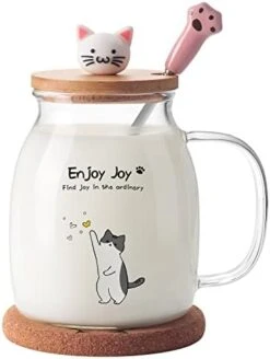 Cute Cat Cup Ceramic Coffee Mug With Kawaii Cat Wooden Lid, Lovely Stainless Steel Spoon, Anime Kitty Thicken Wooden Coaster, Christmas Birthday Gift Cute Thing Japanese Mug 16oz (Pink) -KitchenAid Shop 41Le8JO3SOL. AC