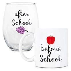 Before School, After School Coffee Mug And Stemless Wine Glass Set - Gift For Teachers And Professors - 11 Oz Coffee Mug - 15 Oz Wine Glass