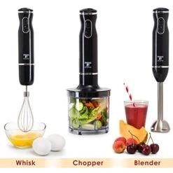 Hand Blender Electric - With Egg Whisk & Chopper, Powerful 300- Watt - Immersion Hand Blender, Hand Mixer Set Stainless Steel Shaft & Blades, Handheld Blender With Ergonomic Handle (Black)
