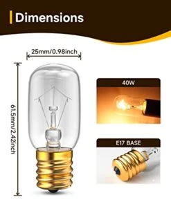 40 Watt Appliance Light Bulb, Microwave Light Bulb, T8 Tubular Incandescent Light Bulbs, E17 Indicator Intermediate Base, Microwave Oven Stove Replacement Bulb, Dimmable, Warm White, 2 Pack
