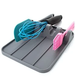 Silicone Utensil Rest With Drip Pad, Large Spoon Rest For Stove Top, Kitchen Spoon Holder For Multiple Utensils, BPA-Free & Heat Resistant Spatula Holder (Dark Gray)