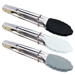 Mini Tongs With Silicone Tips 7-Inch Small Serving Tongs, Set Of 3 (Black White Gray)
