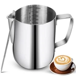 Milk Frothing Pitchers 12oz, Stainless Steel Espresso Steaming Pitchers With Decorating Pen Coffee Milk Frother Cup With Scale Cappuccino Latte Art Barista Steam Pitchers Milk Frother Cup