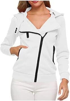 VODMXYGG Coats Women Casual Loose Solid Color Oblique-Zipper Long-Sleeved Warm Hoodie Add Buttons Pocket Plus Sweater -KitchenAid Shop 41N9eXZ dNL. AC