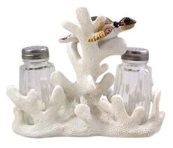 Cast Resin Sea Turtle On Coral Salt And Pepper Shaker Holder With Two Shakers, 6 1/4 Inch