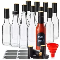 14-Pack Glass Hot Sauce Bottles With Caps, Glass Sauce Bottles With Shrink Wrap Capsule And Funnel, With 18 Chalkboard Labels, 14 Dripper Inserts, Dishwasher-Safe (5 Oz)
