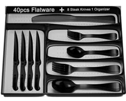 49piece Black Silverware Set With Organizer, Stainless Steel Flatware Set For 8 With Drawer Tray, Kitchen Tableware Service Cutlery Matte Steak Knives Fork Spoon For Home Restaurant, Dishwasher Safe