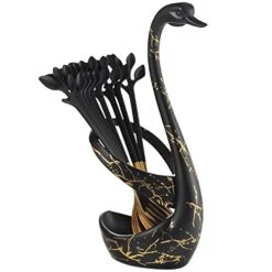 Black Swan Base Holder With 5-Pieces 4.7-inch Small Coffee Spoons And 5-Pieces Dessert Fork,Leaf Handle Set (Black & Gold) -KitchenAid Shop 41O7DRE1HxL