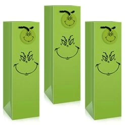 12Pcs Christmas Wine Bottle Gift Bags Green Cartoon Character Bottle Bag With Name Tags Xmas Paper Wine Bag With Handle For Winter Wedding Party Favor Hostess Gift Home Table Decoration