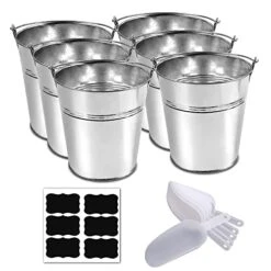 6 Metal Buckets With Chalkboard Stickers And Plastic Kitchen Scoops, Small Galvanized Buckets ,For Birthday, Wedding Party, Garden Planters , Party Supplies,Decorations ,5 Inch Tin Buckets - (tie 6)