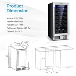 15 Inch Wine Cooler Refrigerator, 30 Bottles Stainless Steel Wine Cellar With Lock, Tempered Glass Door, Digital Temperature Control, Built-in & Freestanding Compressor Mini Wine Fridge For Home Bar Office -KitchenAid Shop 41PJWBJYdRL