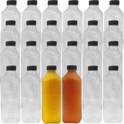 XL Professional Grade Empty 33 Oz Plastic Juice Bottles With Black Caps. 24 Pack For Orange, Apple, Cranberry And Other Fruit Juices, Smoothies Or Beverage Blends. Reusable PET Drink Juicing Container
