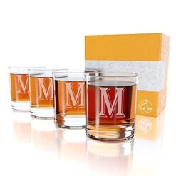 Monogrammed Gifts For Men - 4PC 11 Oz Custom Whiskey Glasses (M-Monogram) - Engraved Whiskey Glasses - Personalized Whiskey Glasses - Unique Bourbon Glasses - Personalized Glass Gifts For Dad