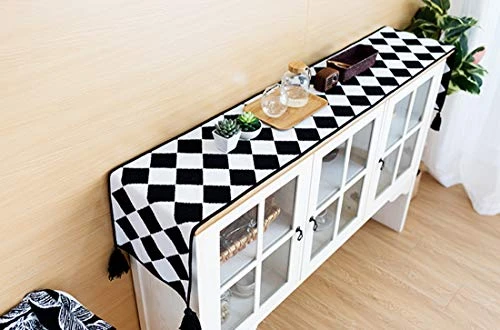 Black And White Diamond Woven Table Runner - 14 X 71 Inch Checker Runner Table Centerpiece For Dining Home Decor, Indoor Parties, Holiday Events Tassel Table Runner 7 Black And White Diamond Woven Table Runner - 14 X 71 Inch Checker Runner Table Centerpiece For Dining Home Decor, Indoor Parties, Holiday Events Tassel Table Runner - Image 5